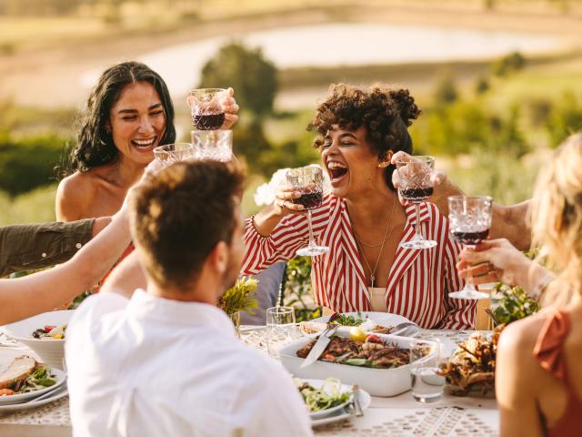 Group of cheerful friends having wine at dinner party. Multi-ethnic people having a get together outdoors.