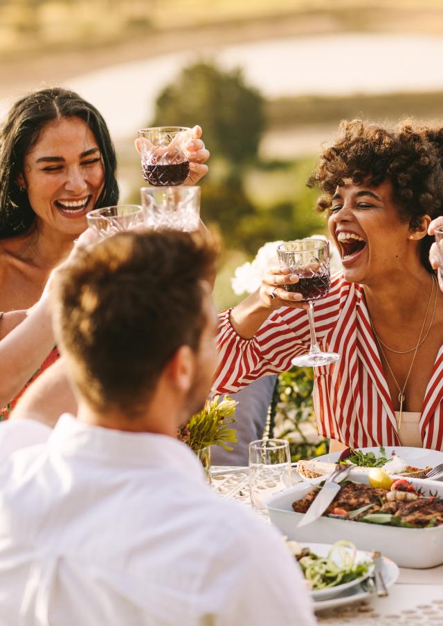 Group of cheerful friends having wine at dinner party. Multi-ethnic people having a get together outdoors.