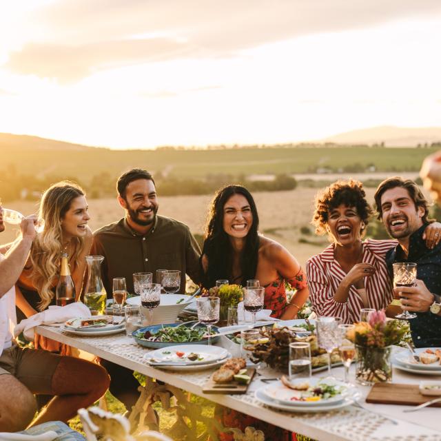 Group of men and women posing for a photograph during an outdoor dinner party. Woman hands taking picture of her friends at dinner party.